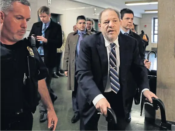  ?? Picture: AP. ?? Harvey Weinstein played his final court appearance as a drama, with props and a theatrical defence team.