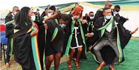  ?? — ?? Graduates celebrate after receiving their Diplomas in Forestry during a graduation ceremony held at Zimbabwe College of Forestry and Forest Industry Training Centre in Mutare yesterday.
Picture: Tinai Nyadzayo