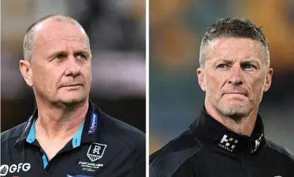  ??  ?? Ken Hinkley and Damien Hardwick go head-to-head with a place in the 2020 AFL grand final at stake on Friday. Photograph: AAP Image/ Darren England and Quinn Rooney/Getty Images