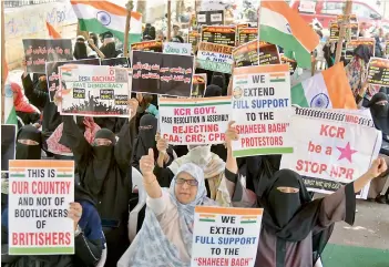  ?? — S. SURENDER REDDY ?? Muslim women protest against CAA, NRC and NPR at the Dharna Chowk near Indira Park in Hyderabad on Monday.