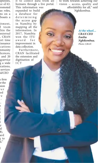  ?? Photo: CRAN ?? At the wheel… CRAN CEO Emilia Nghikembua.