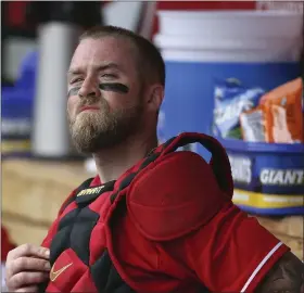  ?? ROSS D. FRANKLIN - THE ASSOCIATED PRESS ?? Reds catcher Tucker Barnhart, right, shown during a Feb. 28spring training game against the Athletics in Goodyear, Ariz.