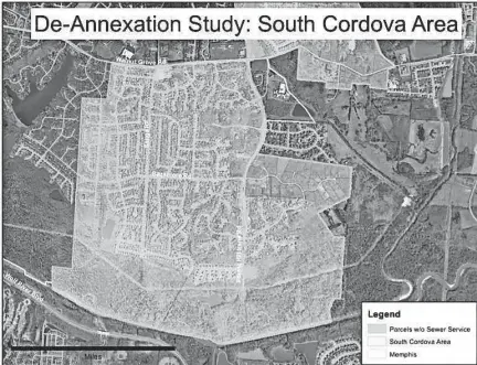  ?? BURGESS, KATHERINE ?? The proposed South Cordova de-annexation area is located south of Walnut Grove Road in the vicinity of Sanga Road and Forest Hill Road, extending south to the Wolf River. It includes 2.3 square miles and has a population of about 4,000 people.