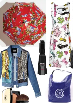  ??  ?? Clockwise from the top: Dolce & Gabbana Umbrella, Moschino dress, Bell & Ross phantom watch, Chanel bag, Chanel Sunscreen, Dolce & Gabbana denim jacket.