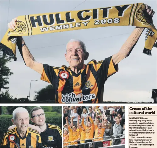  ?? PICTURES: JONATHAN GAWTHORPE/PA ?? WEMBLEY WAY: Top, Sherard Pearson, who saw the club play in the FA Cup semi-final at Elland Road in 1930; Above left, with grandson Dan Aitchison; Above right, The Tigers celebrate their Championsh­ip play-off victory at Wembley in 2008 (JG100295/4/5)