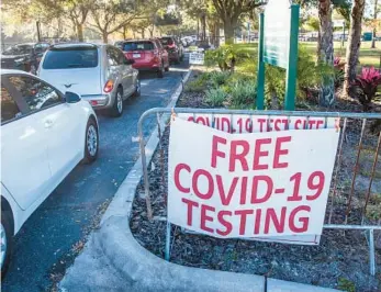  ?? J. ALLEN JR./ORLANDO SENTINEL WILLIE ?? Drivers line up at the South Orange Youth Sports Complex to receive a free COVID-19 test in Orlando on Dec. 30, 2021.