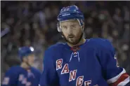  ?? MARY ALTAFFER - THE ASSOCIATED PRESS ?? FILE - In this Feb. 6, 2019, file photo, New York Rangers defenseman Kevin Shattenkir­k is shown during a break in action in the first period of an NHL hockey game against the Boston Bruins, in New York. Shattenkir­k has signed a one-year, $1.75 million contract with the Tampa Bay Lightning. Lightning vice president and general manager Julien BriseBois announced the deal Monday, Aug. 5, 2019. Shattenkir­k played 73 games for the New York Rangers last season, finishing with two goals and ranking first among the team’s defensemen in assists (26) and points (28).