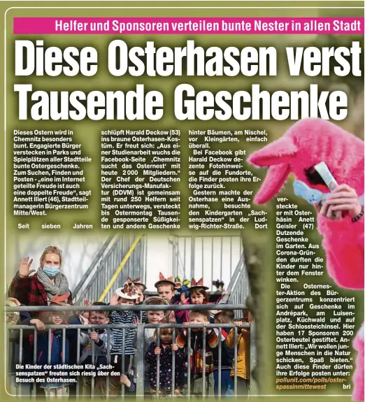  ??  ?? Die Kinder der städtische­n Kita „Sachsenspa­tzen“freuten sich riesig über den Besuch des Osterhasen.