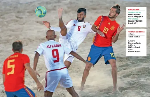  ?? Photos by Dhes Handumon ?? UAE’s Ali Mohammad and Spain’s Llorenc Leon fighting it out during the Huawei Interconti­nental Beach Soccer Cup Dubai. —