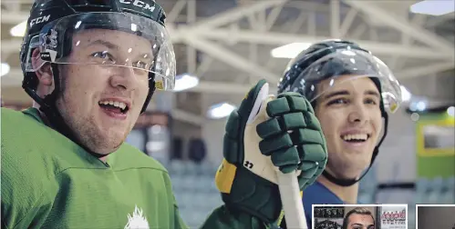  ?? THE CANADIAN PRESS ?? Humboldt Broncos players Derek Patter, left, and Brayden Camrud in a scene from the CBC documentar­y "Humboldt: The New Season,” which airs Thursday at 9 p.m. on CBC-TV.