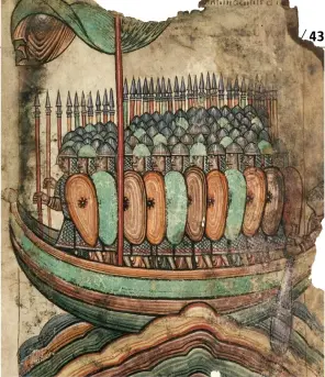  ??  ?? Pillards des mers Sur ce manuscrit français du xie siècle, une bande de « normands » part piller Guérande, dont ils convoitaie­nt le sel, rare dans le Nord.