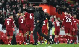  ??  ?? Liverpool’s manager, Jürgen Klopp, celebrates after the final whistle of the 3-1 win over Manchester United. Photograph: Nick Taylor/Liverpool FC via Getty Images