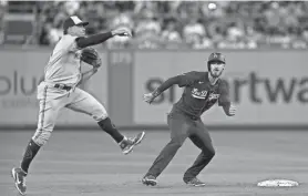  ?? HARRY HOW / GETTY ?? Brewers shortstop Willy Adames throws to first for an out as Cody Bellinger of the Dodgers looks on during the eighth inning Monday night.