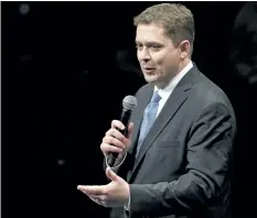  ?? POSTMEDIA FILES ?? Candidate Andrew Scheer speaks during the Conservati­ve Party of Canada leadership debate in February. Scheer says universiti­es should lose federal funding if they fail to protect freedom of speech on campus.