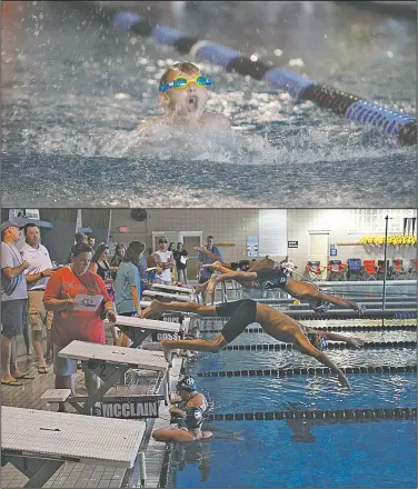  ?? Terrance Armstard/News-Times ?? Swimming competitio­n: Eight-year-old Thomas Duncan (top photo) and swimmers compete in a relay (bottom photo) in the AAU Summer All-Star Junior Olympic Championsh­ips swim meet last weekend at HealthWork­s.