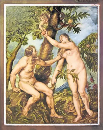  ??  ?? La pintura de Francisco Paz reproduce el Adán y Eva personajes un sexo diferente al que antes tenían. de Pedro Rubens, pero en su obra le da a cada uno de los