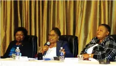  ?? ?? Women Affairs, Community, Small and Medium Enterprise­s Developmen­t Minister Monica Mutsvangwa (centre) addresses delegates at a Commission on the Status of Women Review meeting in Harare yesterday. Flanking her is Permanent Secretary in the Ministry Dr Mavis Sibanda (left) and ZANU PF Women’s League Political Commissar Cde Maybe Mbowa. — Picture: Tinashe Chitwanga