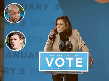  ?? AP ?? Vice Presidente­lect Kamala Harris speaks at a drive-in rally in Savannah, Georgia, during a campaign stop for Democratic US Senate candidates, the Reverend Raphael Warnock, inset top, and Jon Ossoff, bottom, yesterday.