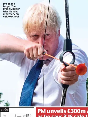  ??  ?? Eye on the target: The Prime Minister tries his hand at archery on visit to school