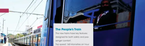  ??  ?? The People’s Train
The new trains have key features designed for both safety and passenger comfort.
Top speed: 160 kilometres an hour Capacity: 1 300 commuters Facilities:
• air conditioni­ng
• ergonomic seats
• real-time on-board
informatio­n
•...