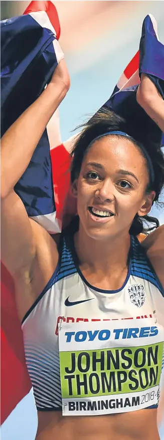  ??  ?? Katarina Johnson-Thompson celebrates her pentathlon gold; far right, top to bottom, Dundee Hawkhill’s Laura Muir, Pitreavie AC’s Eilidh Doyle and Zoey Clark of Inverness compete in the women’s 400m and 1,500m heats.