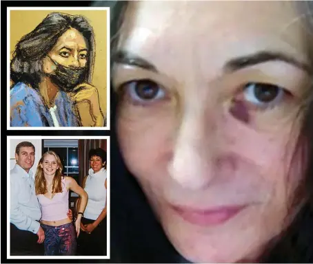  ?? Pictures: GETTY & REUTERS ?? ‘Abused’…Maxwell in jail. Inset top, artist’s impression of her in dock. Inset bottom, Duke with Virginia and Maxwell