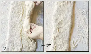  ??  ?? 5 Wipe off excess flour from the dough and fold the dough in thirds along the width – left over the middle, right over both layers – so that it now lies in a long strip in front of you.