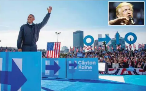  ?? AFP ?? US President Barack Obama arrives to speak at a Hillary for America campaign event in Cleveland yesterday. (Inset) Republican presidenti­al candidate Donald Trump speaks to a crowd at the US Bank Arena in Cincinnati on Thursday.—