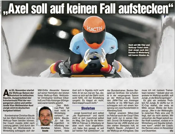  ??  ?? Christian
Baude
Statt mit DM-Titel und Weltcup-Ticket steht Axel Jungk nach den Rennen in Winterberg mit leeren Händen da.