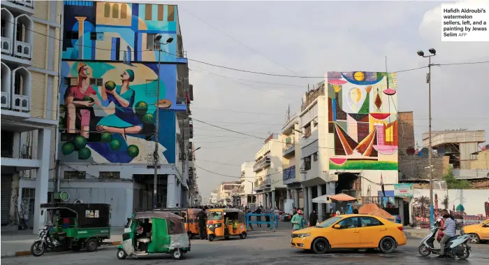  ?? AFP ?? Hafidh Aldroubi’s watermelon sellers, left, and a painting by Jewas Selim