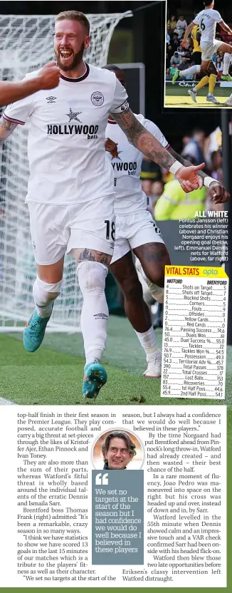  ?? ?? ALL WHITE Pontus Jansson (left) celebrates his winner (above) and Christian
Norgaard enjoys his opening goal (below, left). Emmanuel Dennis
nets for Watford (above, far right)