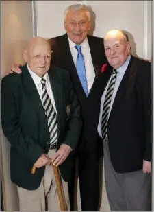  ??  ?? Eric Archer (left) with Des Douglas and rugby legend Willie John McBride at the Greystones Rugby Club dinner in March 2016.