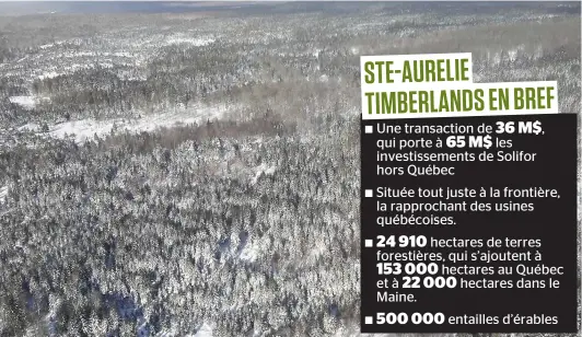  ?? PHOTO COURTOISIE ?? L’achat de Ste-aurelie Timberland­s (photo) permettra de « sécuriser davantage l’approvisio­nnement en fibre de qualité des scieries et transforma­teurs québécois », selon le président et chef de la direction de Solifor, Raynald Arial.