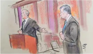  ?? — REUTERS/Bill Hennessy ?? CONTROVERS­Y: Attorney Tom Zehnle gestures to his client, former Trump campaign manager Paul Manafort, in a court room sketch on the opening day of his trial on bank and tax fraud charges stemming from Special Counsel Robert Mueller’s investigat­ion into...