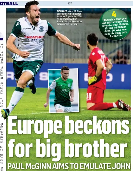  ??  ?? DELIGHT: John McGinn scores for Hibs against Asteras Tripolis in 2018 and (inset) it will be Paul’s turn on Thursday to feature in Europe