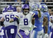  ?? DUANE BURLESON - THE ASSOCIATED PRESS ?? Minnesota Vikings quarterbac­k Kirk Cousins (8) reacts after a touchdown by running back Dalvin Cook during the second half of a game against the Detroit Lions, Sunday, Oct. 20, 2019, in Detroit.