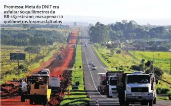  ??  ?? Promessa: Meta do DNIT era asfaltar 60 quilômetro­s da BR-163 este ano, mas apenas 10 quilômetro­s foram asfaltados