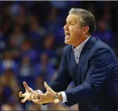  ?? JAMES CRISP ?? Kentucky coach John Calipari urges his team on during the second half of an NCAA college basketball game against Evansville in Lexington, Ky., Tuesday, Nov. 12, 2019. Evansville won 67-64.