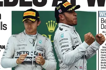  ?? AFP ?? Team-mates? Hamilton celebrates in Austin as Rosberg looks on