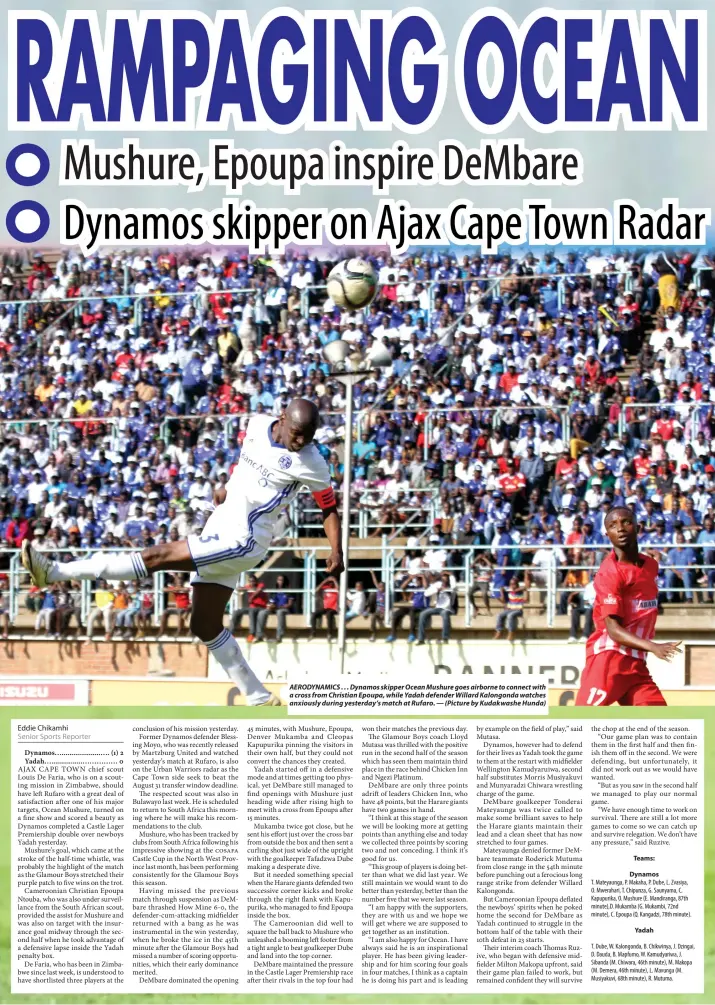  ?? — (Picture by Kudakwashe Hunda) ?? AERODYNAMI­CS . . . Dynamos skipper Ocean Mushure goes airborne to connect with a cross from Christian Epoupa, while Yadah defender Willard Kalongonda watches anxiously during yesterday’s match at Rufaro.