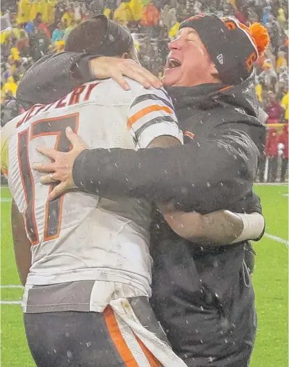  ??  ?? Alshon Jeffery and coach John Fox celebrated after the Bears beat the Packers at Lambeau Field on Nov. 26, 2015. | GETTY IMAGES