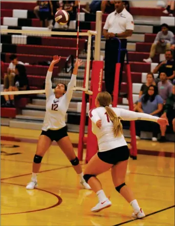  ?? Buy this photo at YumaSun.com PHOTO BY GRADY GARRETT/YUMA SUN ?? KOFA’S ISABEL PONCE (12) SETS THE BALL for teammate Jocelyn Weber (right) during the second set of Monday night’s match against Southwest (Calif.) at Ernest F. Rillos Gym.