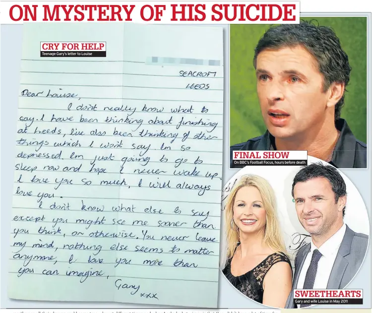  ??  ?? CRY FOR HELP Teenage Gary’s letter to Louise FINAL SHOW On BBC’s Football Focus, hours before death SWEETHEART­S Gary and wife Louise in May 2011