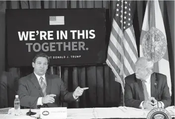  ?? SAUL LOEB/GETTY-AFP ?? Then-President Donald Trump, right, and Gov. Ron DeSantis hold a COVID-19 and storm preparedne­ss roundtable July 31 in Belleair. DeSantis and Trump will kick off and close this weekends’ CPAC conference in Orlando.