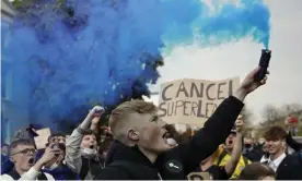  ?? Photograph: Matt Dunham/AP ?? Chelsea fans protest against the European Super League project last April.