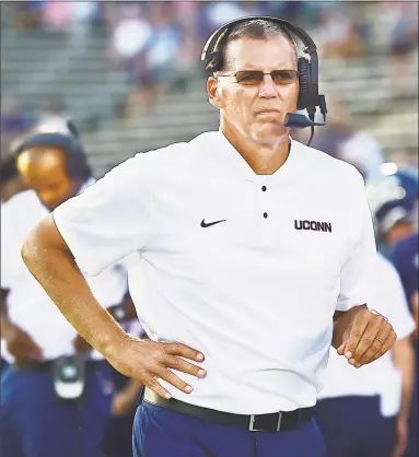  ?? Catherine Avalone / Hearst Connecticu­t Media ?? UConn head coach Randy Edsall on the sidelines in the Huskies’ season opener against Central Florida Aug. 30 at Pratt &amp; Whitney Stadium at Rentschler Field in East Hartford.