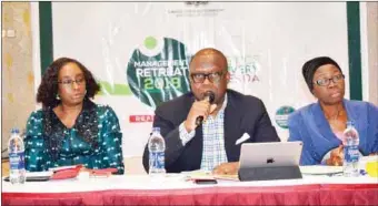  ??  ?? L-R: Lagos State Solicitor-General/Permanent Secretary, Mrs. Funlola Odunlami, Lagos State AttorneyGe­neral and Commission­er for Justice, Mr. Adeniji Kazeem and Director, Administra­tor-General and Public Trustee, Mrs. Mariam Olaniyi at the 2018 Ministry...