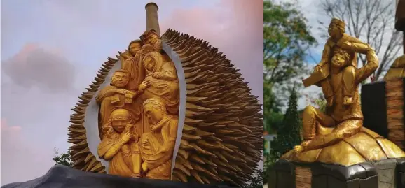  ??  ?? Ilan sa kaniyang mga likha sa Davao City ang hugis-durian na monumento (kaliwa) na matatagpua­n sa Fransisco Bangoy Internatio­nal Airport at ang tri-people triptych (kanan) sa Museyo Kutawato.