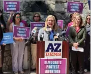  ?? JONATHAN COPPER – THE ASSOCIATED PRESS ?? Phoenix Mayor Kate Gallego speaks to reporters at the state Capitol in Phoenix on Tuesday.