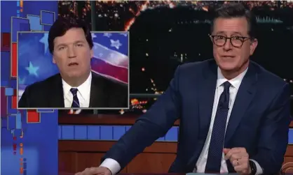  ??  ?? Stephen Colbert: ‘Sure, women are primitive, in that right now, many of them want to throw Tucker Carlson into a volcano.’ Photograph: Youtube